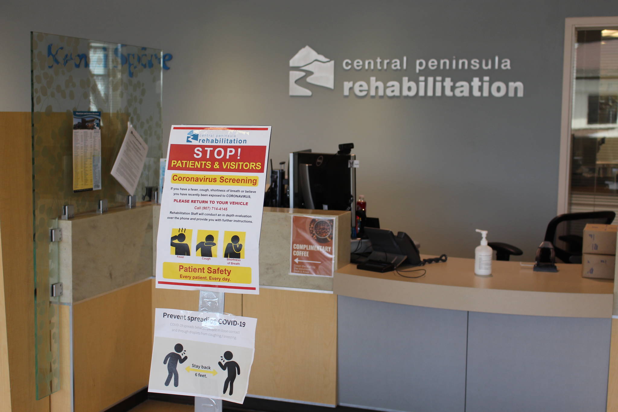 A sign instructs patients and visitors on the COVID-19 screening process in the River Tower of Central Peninsula Hospital in Soldotna, Alaska, on April 7, 2020. The hospital recently matched the number of hospitalizations reported during the peak of the pandemic in 2020 as a resurgence of COVID-19 is reported across the state. (Peninsula Clarion file)