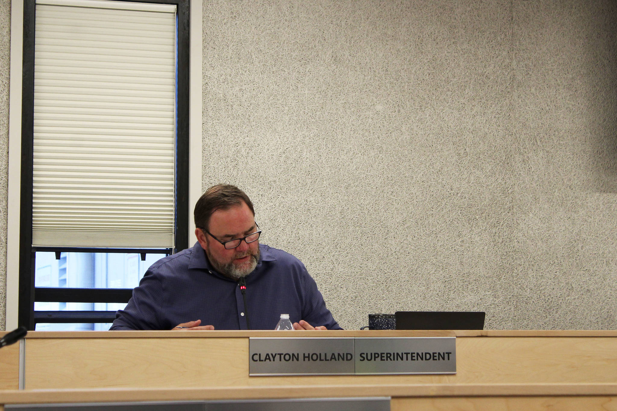 KPBSD Superintendent Clayton Holland speaks during a meeting of the Kenai Peninsula Borough Board of Education on Monday, August 2, 2021 in Soldotna, Alaska. (Ashlyn O'Hara/Peninsula Clarion)