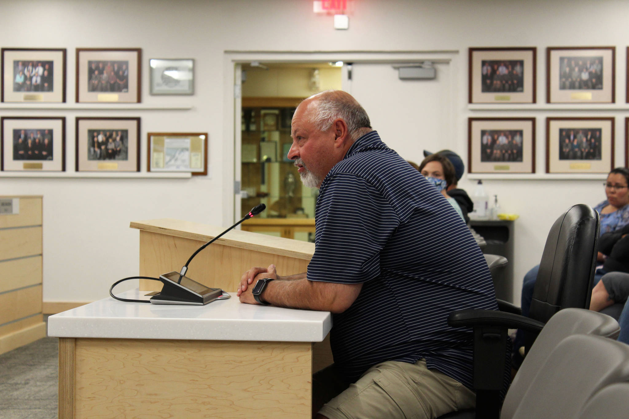 Parent and former Borough Mayor Charlie Pierce's James Baisden testifies before the Kenai Peninsula Borough School District Board of Education on Monday, August 2, 2021 in Soldotna, Alaska. (Ashlyn O'Hara/Peninsula Clarion)