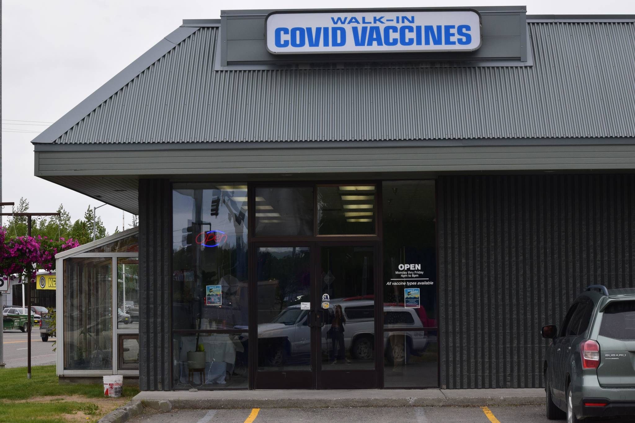 A clinic at the intersection of the Kenai Spur and Sterling Highways in Soldotna is now offering COVID-19 vaccines with no appointment necessary. (Camille Botello/Peninsula Clarion)