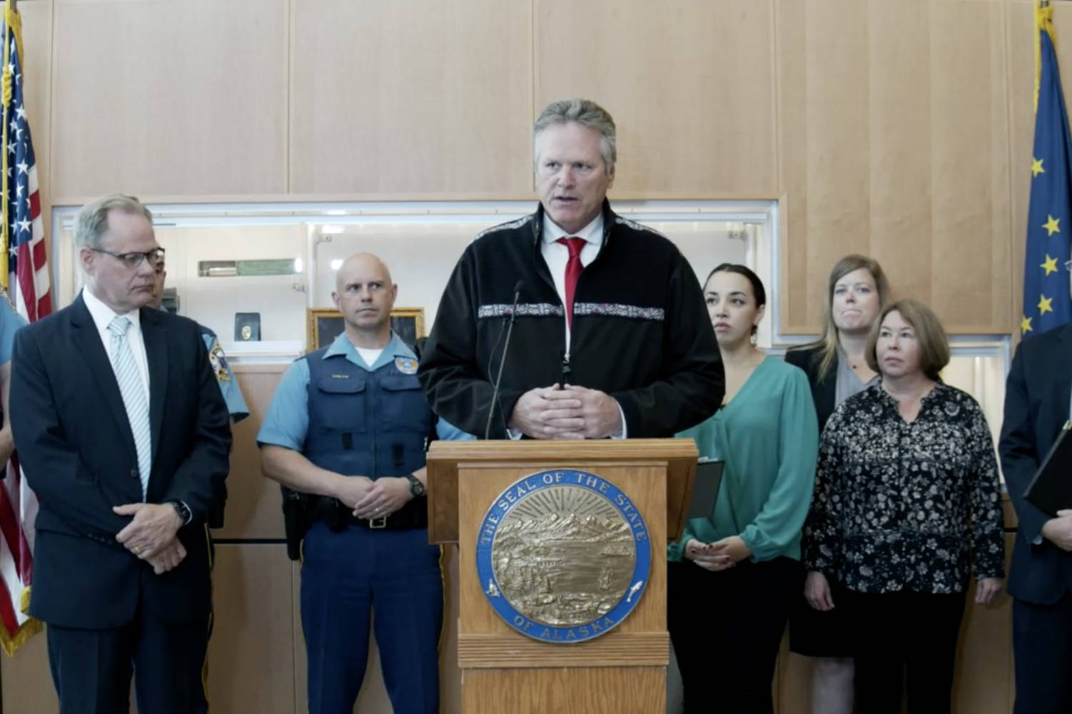 Gov. Mike Dunleavy outlines new measures the state will undertake to tackle sexual assault during a press conference streamed live from the Alaska Department of Public Safety Crime Lab in Anchorage on Tuesday, Aug. 10, 2021. (Screenshot)