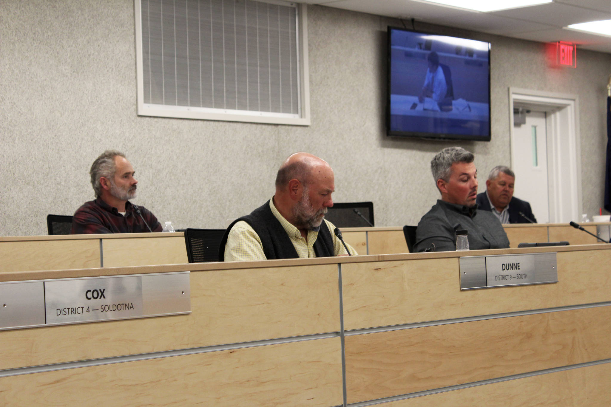 Assembly Member Willy Dunne (second from left) speaks during a meeting of the Kenai Peninsula Borough Assembly on Tuesday, July 6, 2021 in Soldotna, Alaska. (Ashlyn O'Hara/Peninsula Clarion)