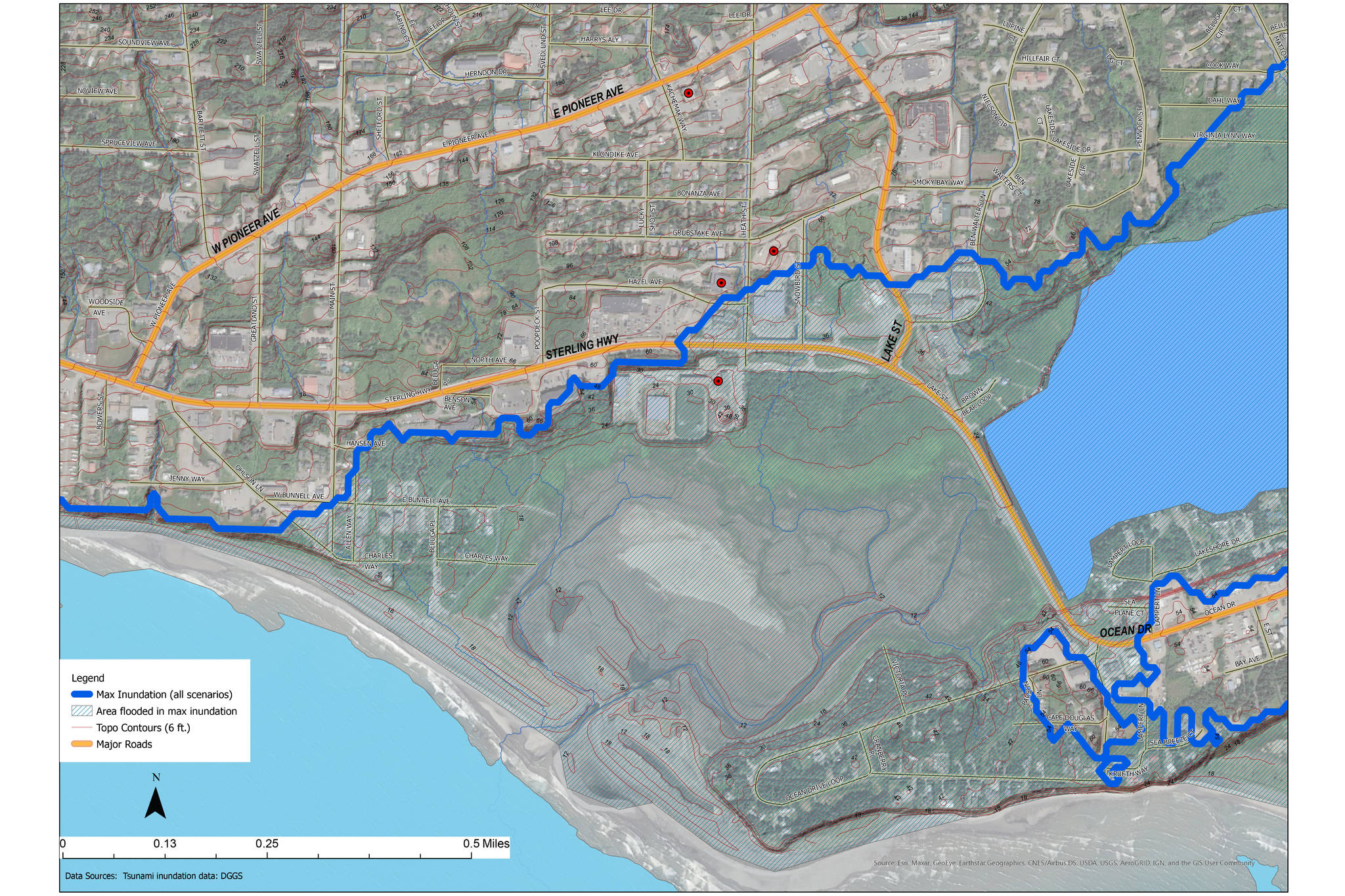 This graphic shows Homer's inundation zone, which is 50 feet above sea level. Currently, the Public Works campus is at 35 feet in elevation and at risk of flooding if a tsunami hit. (Photo provided by the Public Works Campus Task Force)