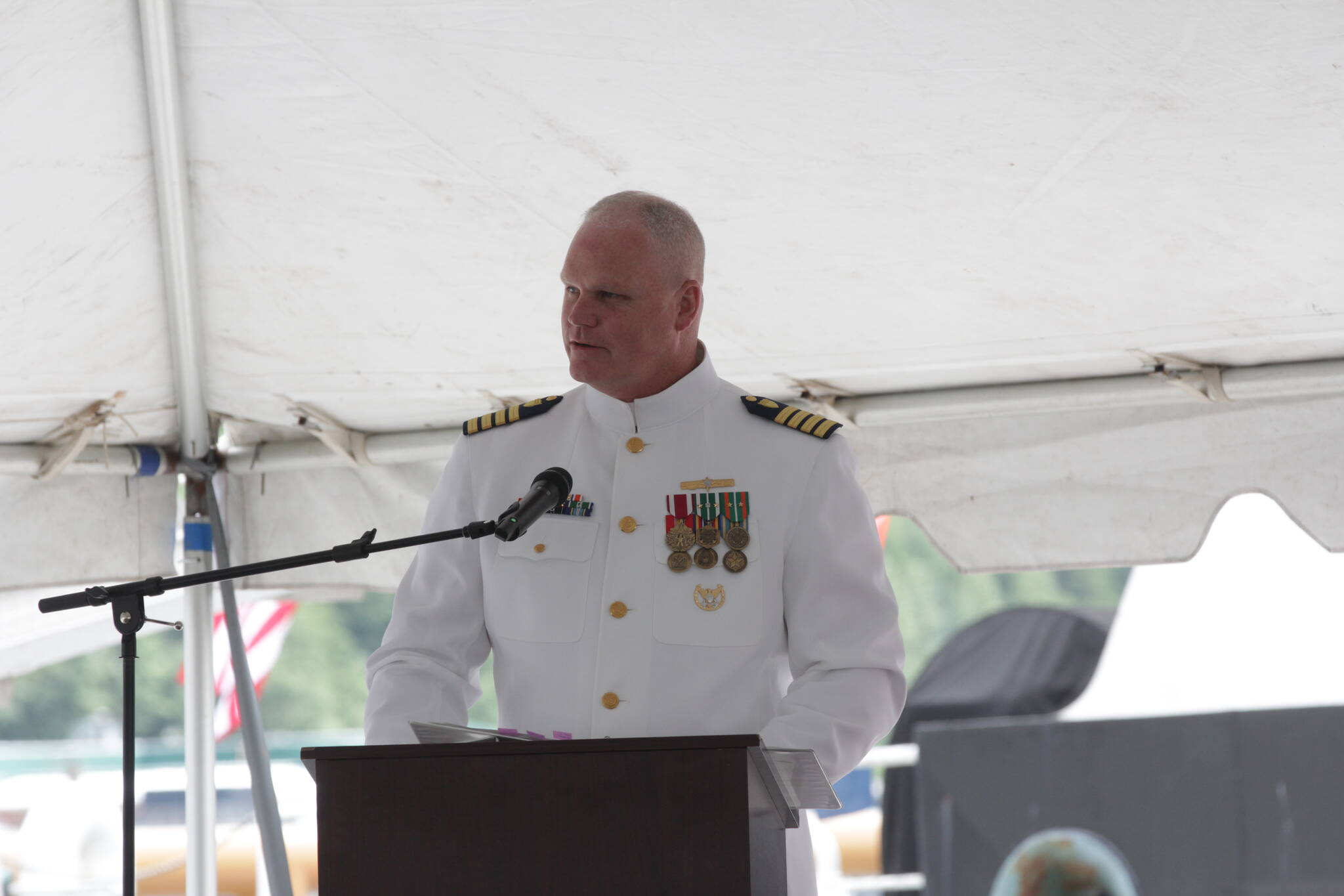 Michael S. Lockett / Juneau Empire
Capt. Darwin R. Jensen, Sector Juneau’s new commander, speaks during the change of command ceremony at the station on July 7, 2021.