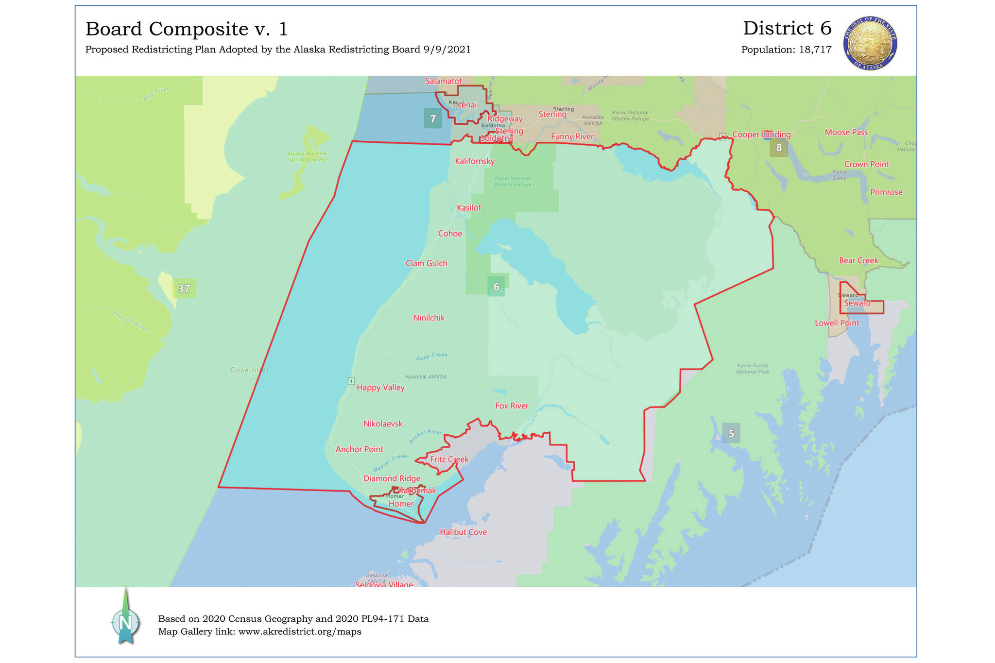 A proposed Alaska Legislature redistricting plan adopted by the Alaska Redistricting Board on Thursday, Sept. 9, 2021. Under the plan, a new District 6 is formed out of District 31, with the northern line ending at Funny River. Fritz Creek is moved into a new District 5 formed out of District 32. (Map by Alaska Redistricting Board)