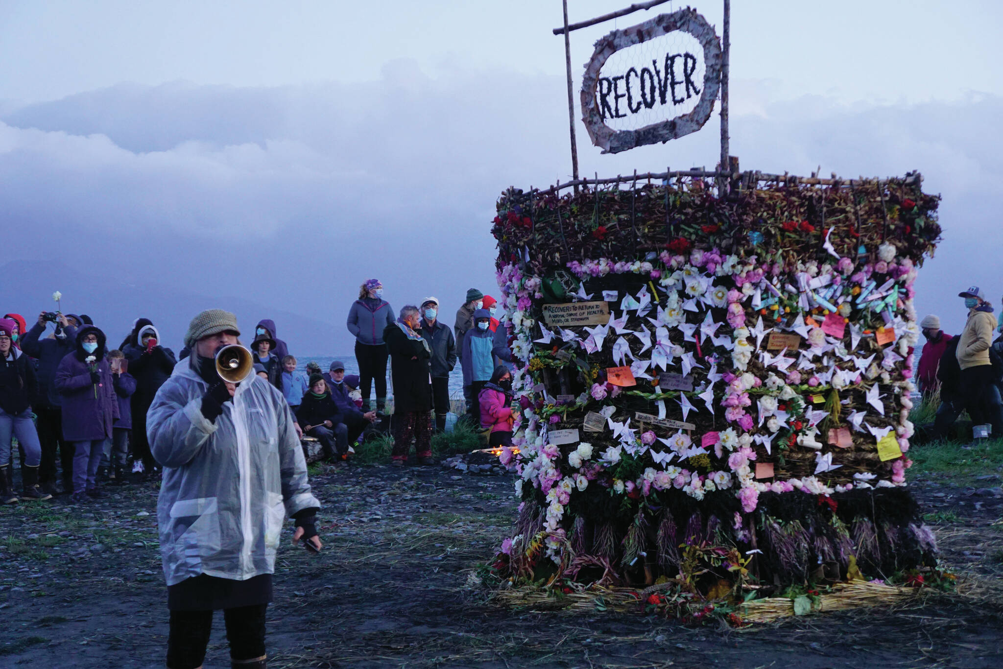Mavis Muller, the organizer of Recover, the 18th annual Burning Basket, speaks before the basket was ignited on Sunday, Sept. 12, 2021, at Mariner Park on the Homer Spit in Homer, Alaska.
"We recover faster together," Muller said of the basket and its theme.
 (Photo by Michael Armstrong/Homer News)