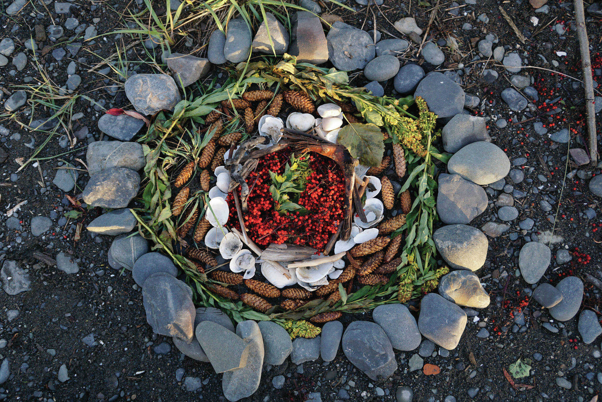 A sculpture decorates a labyrinth by Recover, the 18th annual Burning Basket, on Sunday, Sept. 12, 2021, at Mariner Park on the Homer Spit in Homer, Alaska. (Photo by Michael Armstrong/Homer News)