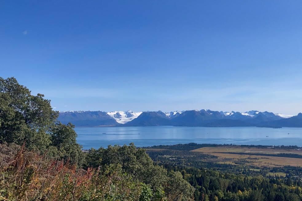 The beautiful weather last Saturday provided a clear view of Grewingk Glacier across Kachemak Bay from the Skyline Drive Overlook. (Photo by Sarah Knapp)