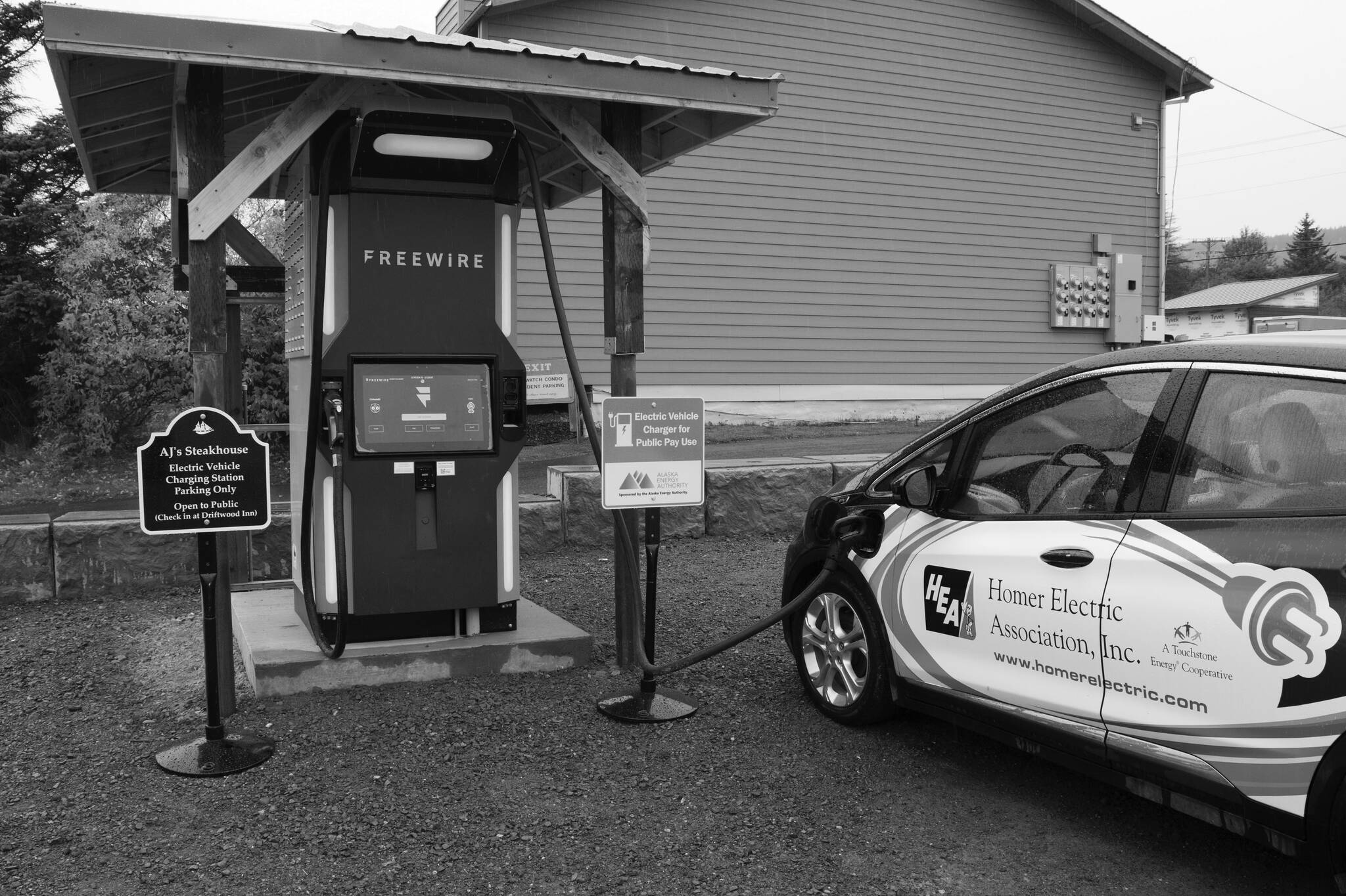 The very first FreeWire ultrafast Electric Vehicle charger in Alaska was installed at AJ’s Steakhouse last week. The charging station is the first of nine EV charging stations that will connect Homer to Fairbanks. (Photo by Sarah Knapp/Homer News)