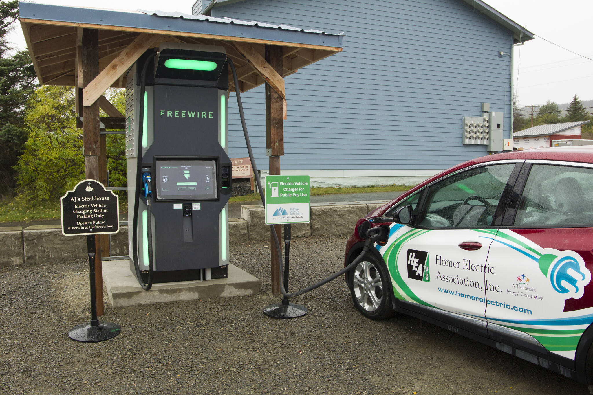 The very first FreeWire ultrafast Electric Vehicle charger in Alaska was installed at AJ's Steakhouse last week. The charging station is the first of nine EV charging stations that will connect Homer to Fairbanks. (Photo by Sarah Knapp/Homer News)