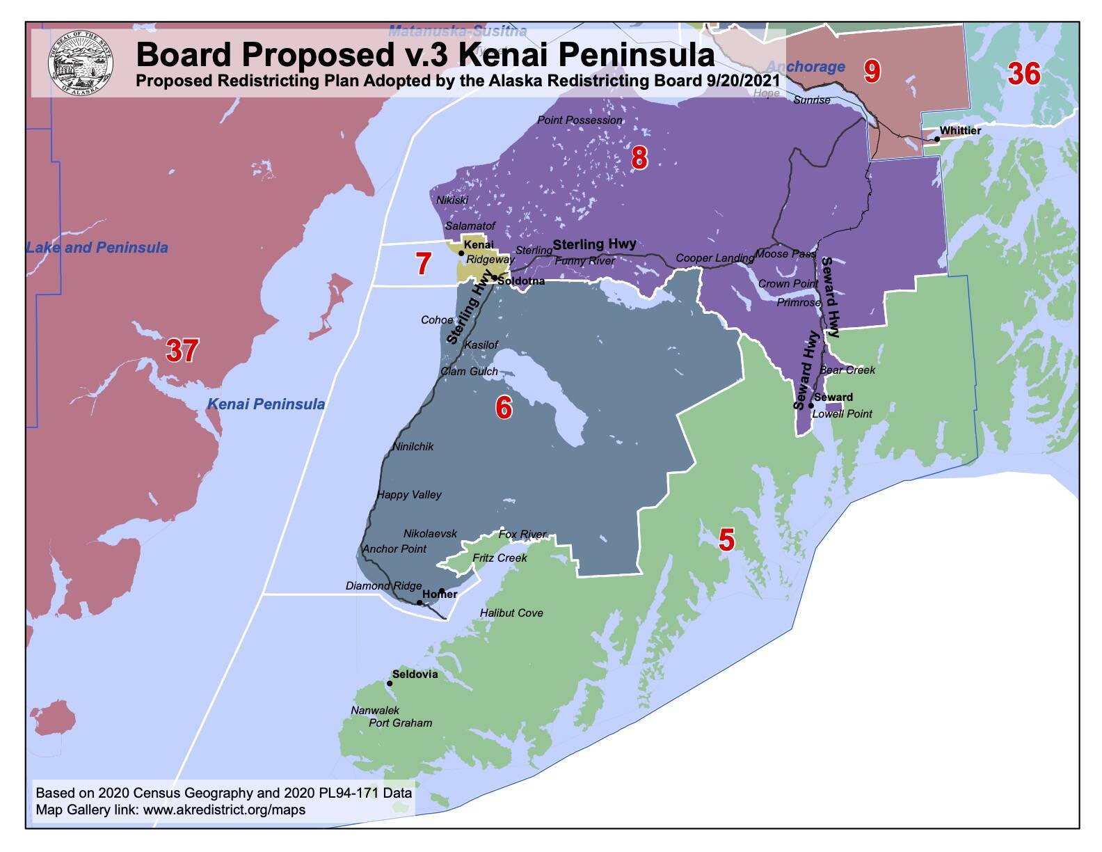 Version 3 of the Alaska Redistricting Board’s proposal for the Kenai Peninsula keeps intact most of District 31, now called District 6, but puts the Fritz Creek and Fox River areas into a new District 5 that includes the southern shore of Kachemak Bay and Kodiak Island. (Photo courtesy of Alaska Redistricting Board)