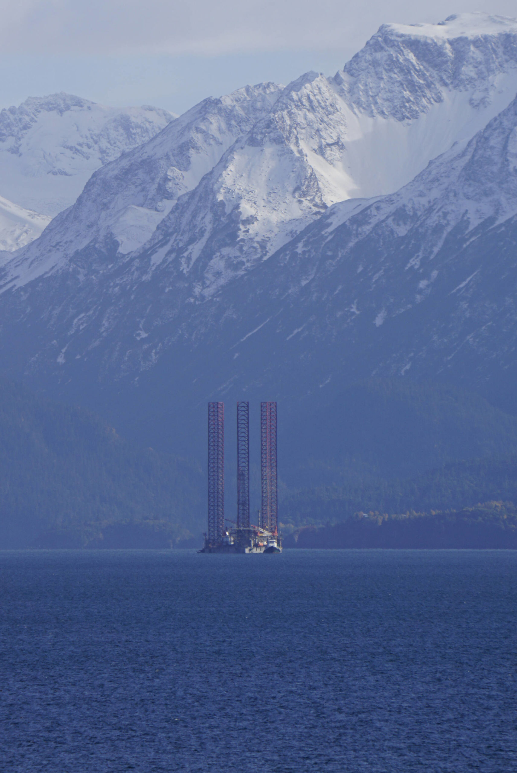 The jack-up rig Randolph Yost awaits loading on the heavy-lift vessel Falcon on Sunday, Oct. 3, 2021, in Kachemak Bay near Homer, Alaska. (Photo by Michael Armstrong/Homer News)