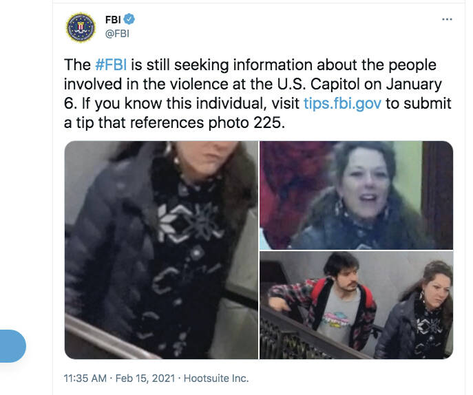 A screenshot from the FBI’s Twitter page showing a photo the FBI said was taken on Jan. 6, 2021, inside the U.S. Capitol. Marilyn Hueper said FBI agents showed her some of these images and claimed it was her. The FBI on Friday, Oct. 1, 2021, arrested Maryann Mooney-Randon of Watertown, New York, saying that Mooney-Randon is subject #225. The FBI also arrested Mooney-Randon’s son, Rafael, shown with in the photo at lower right. (Screenshot)