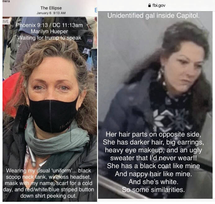 Screenshot from Paul Hueper’s original Facebook post about the FBI search at their residence on April 28, 2021, of Marilyn, left, and the woman in photograph #225a-b, right, on the FBI’s Most Wanted for Capitol Violence list. The FBI on Friday, Oct. 1, 2021, arrested Maryann Mooney-Randon of Watertown, New York, saying that Mooney-Randon is subject #225.