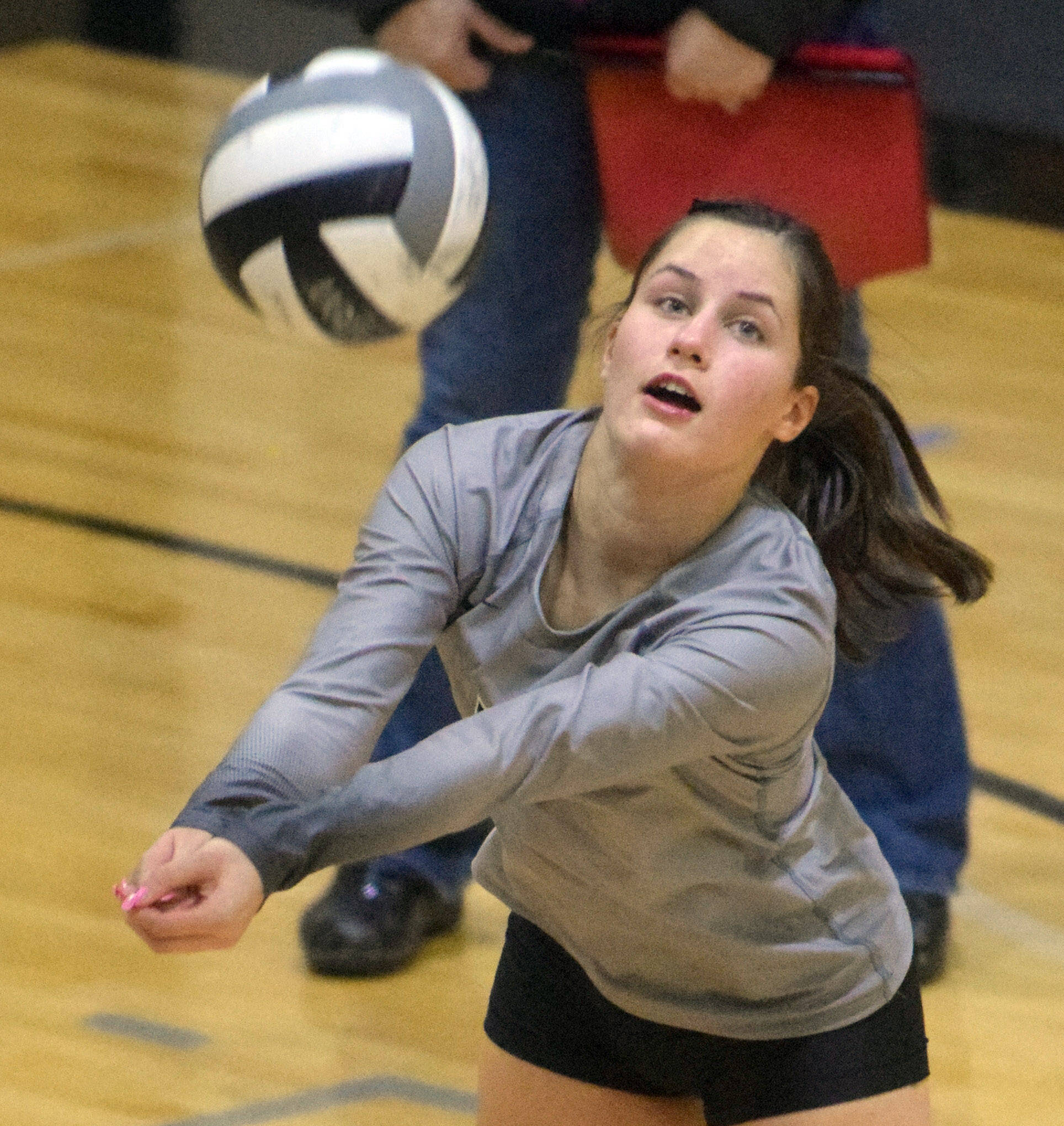 Nikiskis Savanna Stock receives serve against Anchorage Christian Schools on Friday, Oct. 1, 2021, at Nikiski High School in Nikiski, Alaska. (Photo by Jeff Helminiak/Peninsula Clarion)