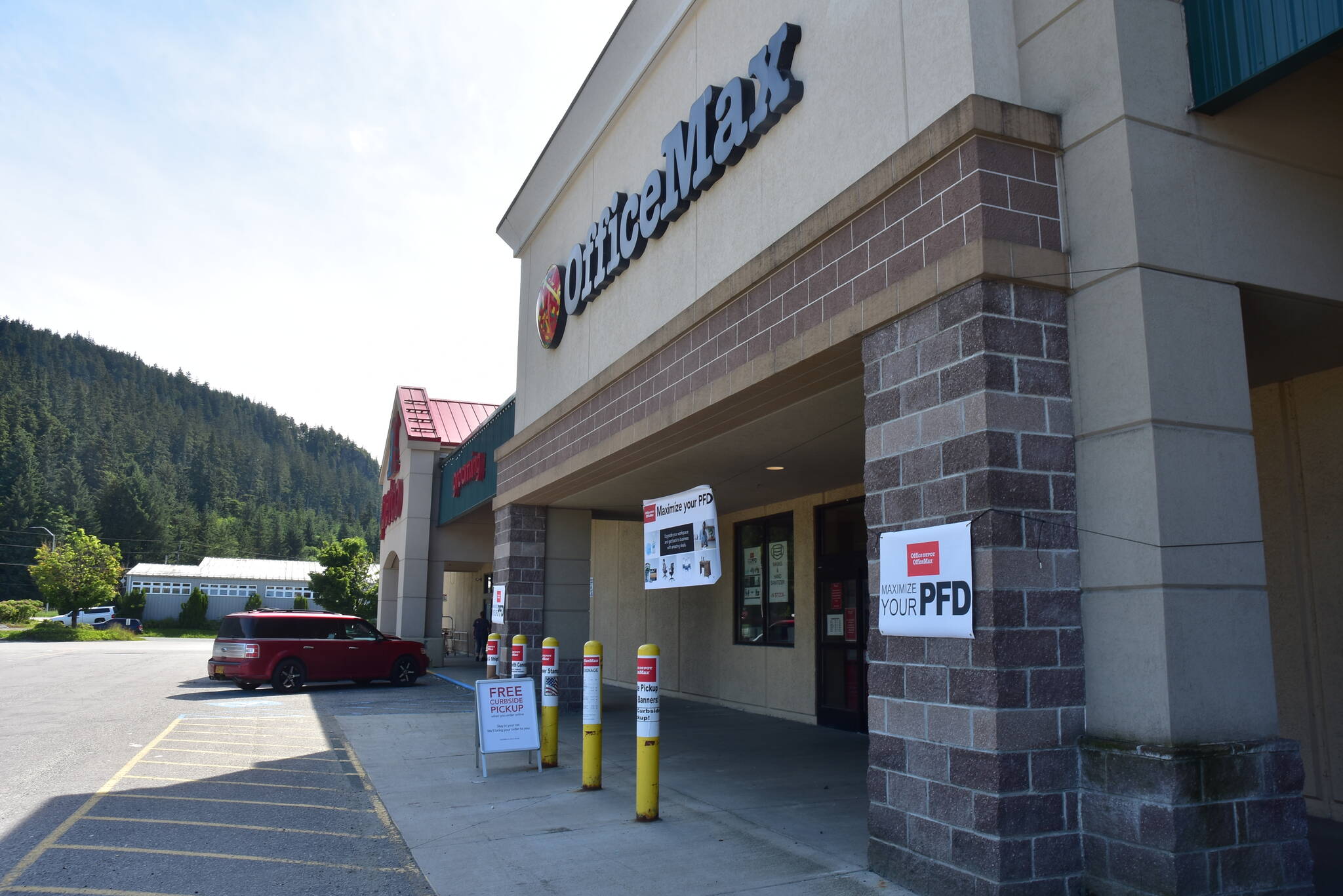 Office Max at the Nugget Mall in the Mendenhall Valley advertised Permanent Fund dividend sales on Thursday, July 2, 2020. This year's PFD will be  $1,114, the Alaska Department of Revenue announced. (Peter Segall / Juneau Empire File)