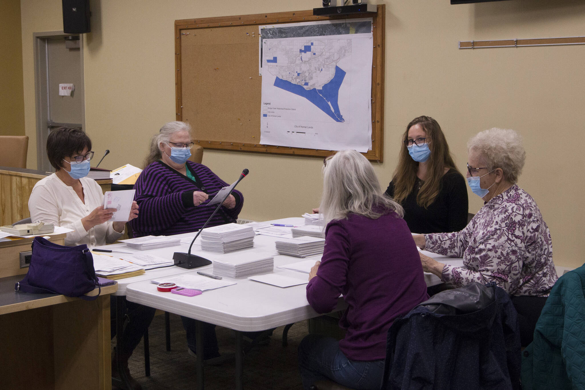 The Homer Election Cancass Board counted the final Homer City Council election ballots Friday, Oct. 8. (Photo by Sarah Knapp/Homer News)