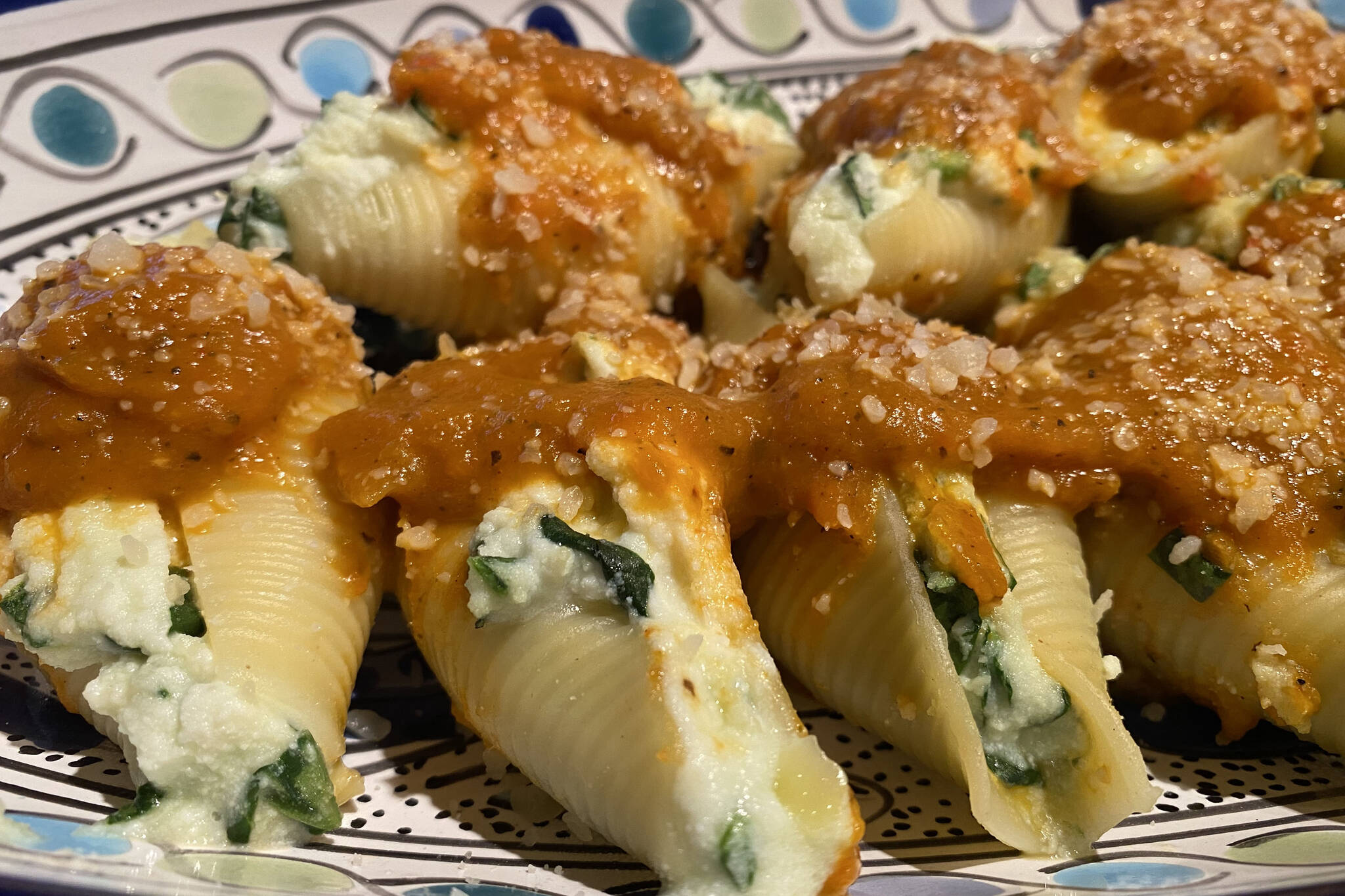 Ward off Halloween’s mystical monsters with these garlic-infused cheesy shells and pepper sauce. (Photo by Tressa Dale/Peninsula Clarion)