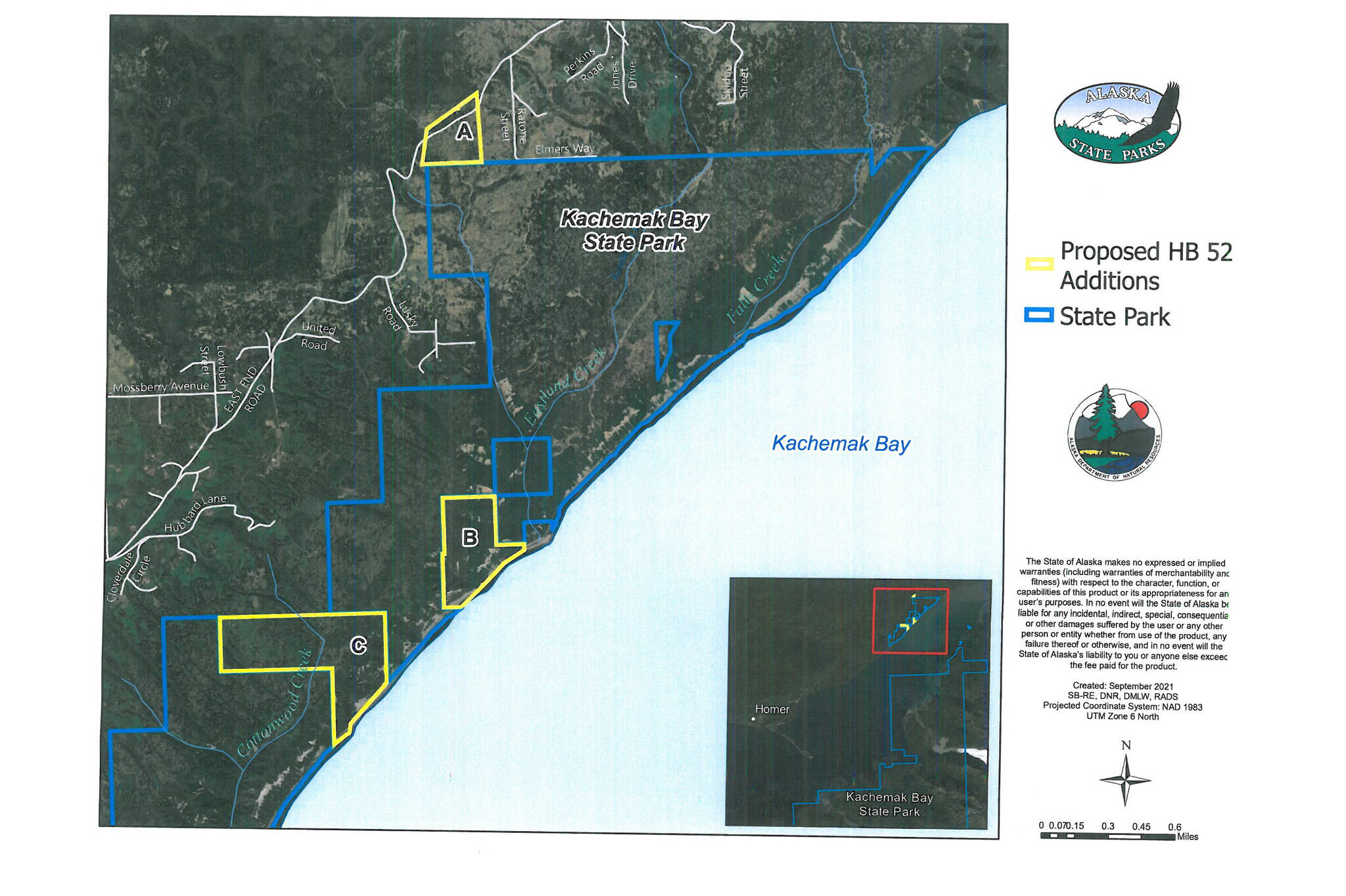 This map shows proposed land additions (A, B and C) to Kachemak Bay State Park in House Bill 52, a bill filed by Rep. Sarah Vance, R-Homer, that also would remove the Tutka Bay Lagoon Hatchery from the park. (Map courtesy of Alaska State Parks)