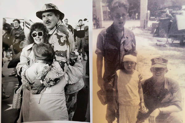Leroy Keene (left) is welcomed home from Desert Storm by his wife and daughter in 1990. Gary Squires (right) kneels next to a young Vietnamese girl he helped rescue and the doctor who bandaged her wounds.