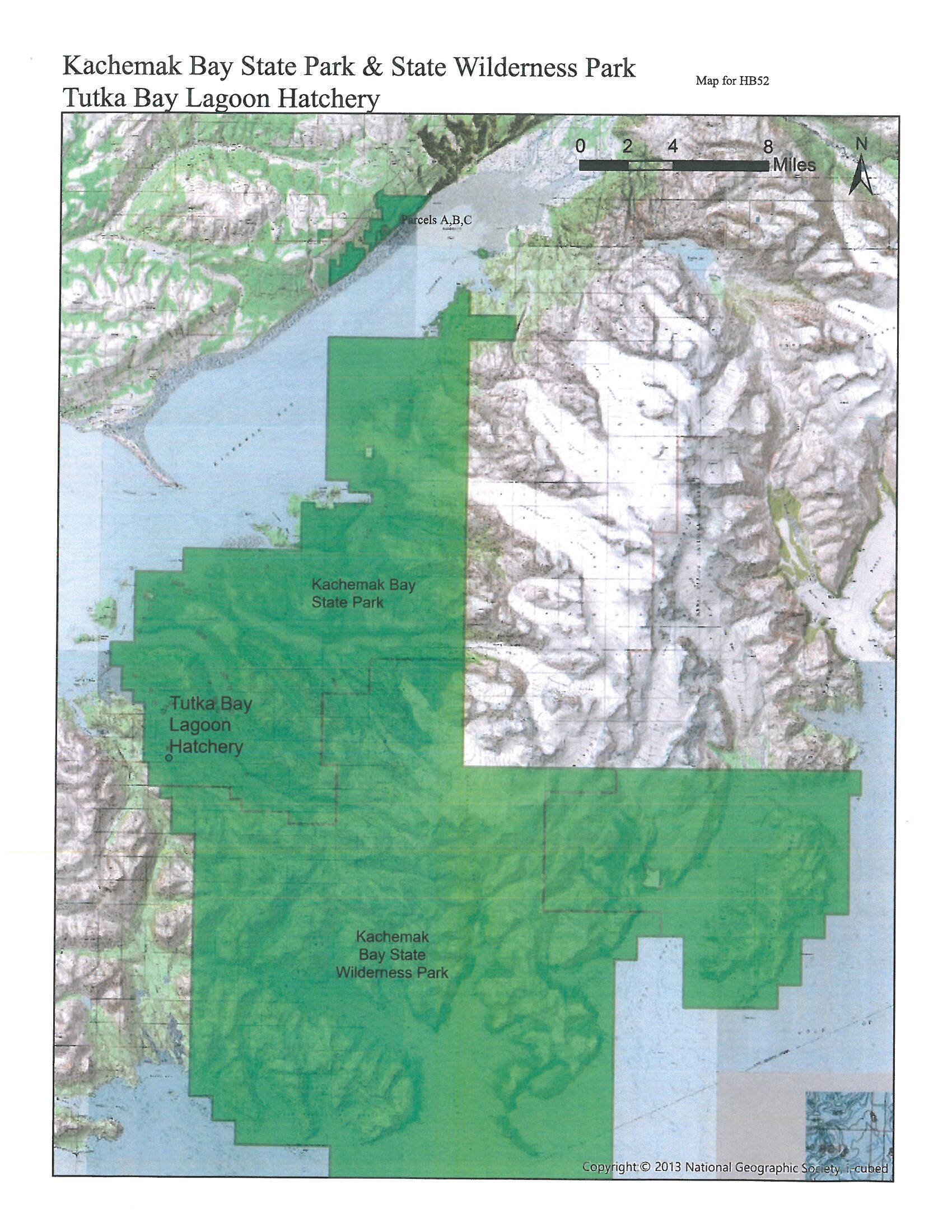 A map of Kachemak Bay State Park shows proposed land additions A, B and C in House Bill 52 and the Tutka Bay Lagoon Hatchery. (Map courtesy of Alaska State Parks)