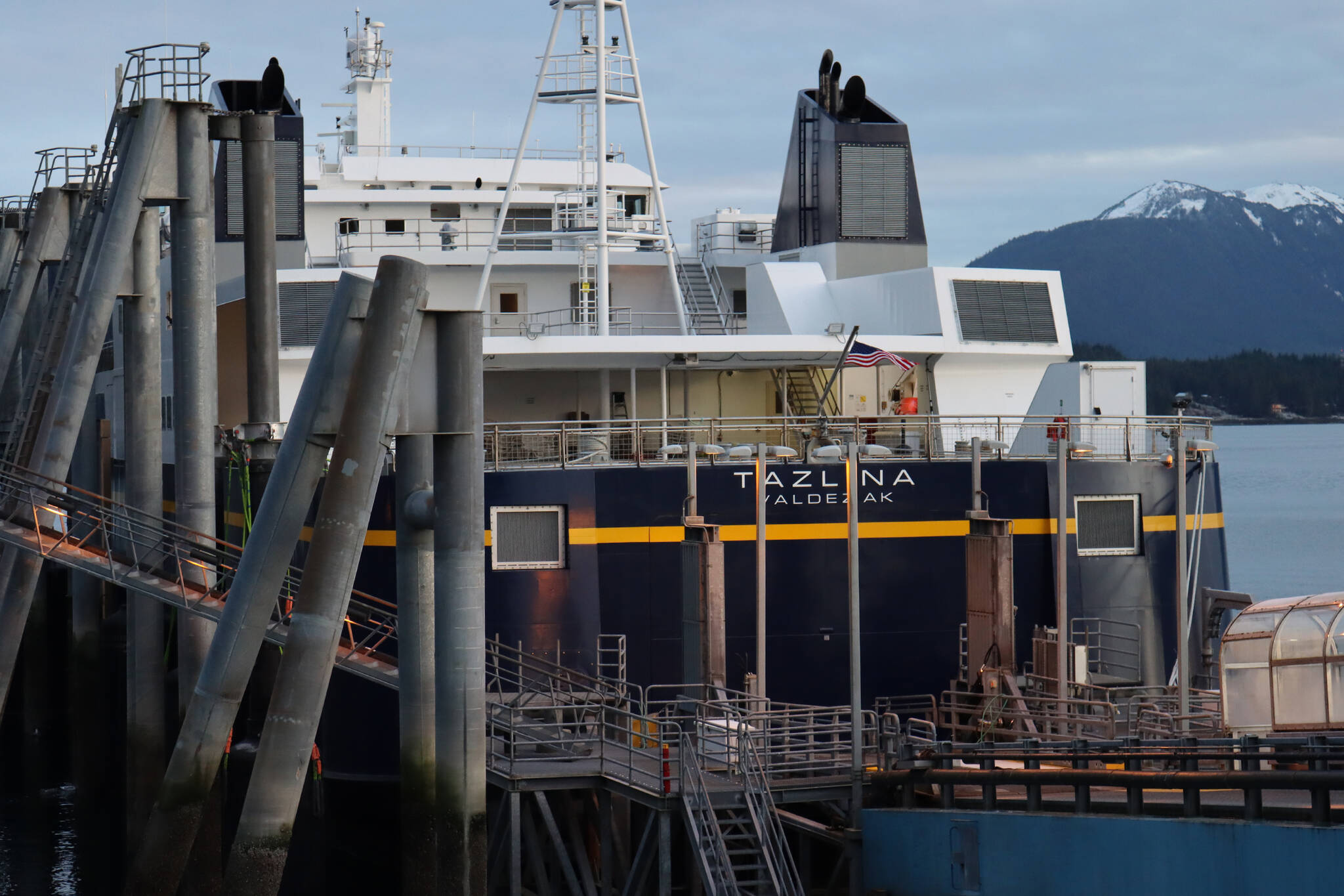 The Tazlina was docked at the Auke Bay ferry terminal on Monday, Nov. 15, 2021. It is one of 10 vessels in the Alaska Marine Highway fleet. Alaska’s Congressional delegation has said a recently passed infrastructure bill will bring money to the state’s ferries, but until then some communities are still seeing gaps in service over the winter. (Ben Hohenstatt / Juneau Empire)