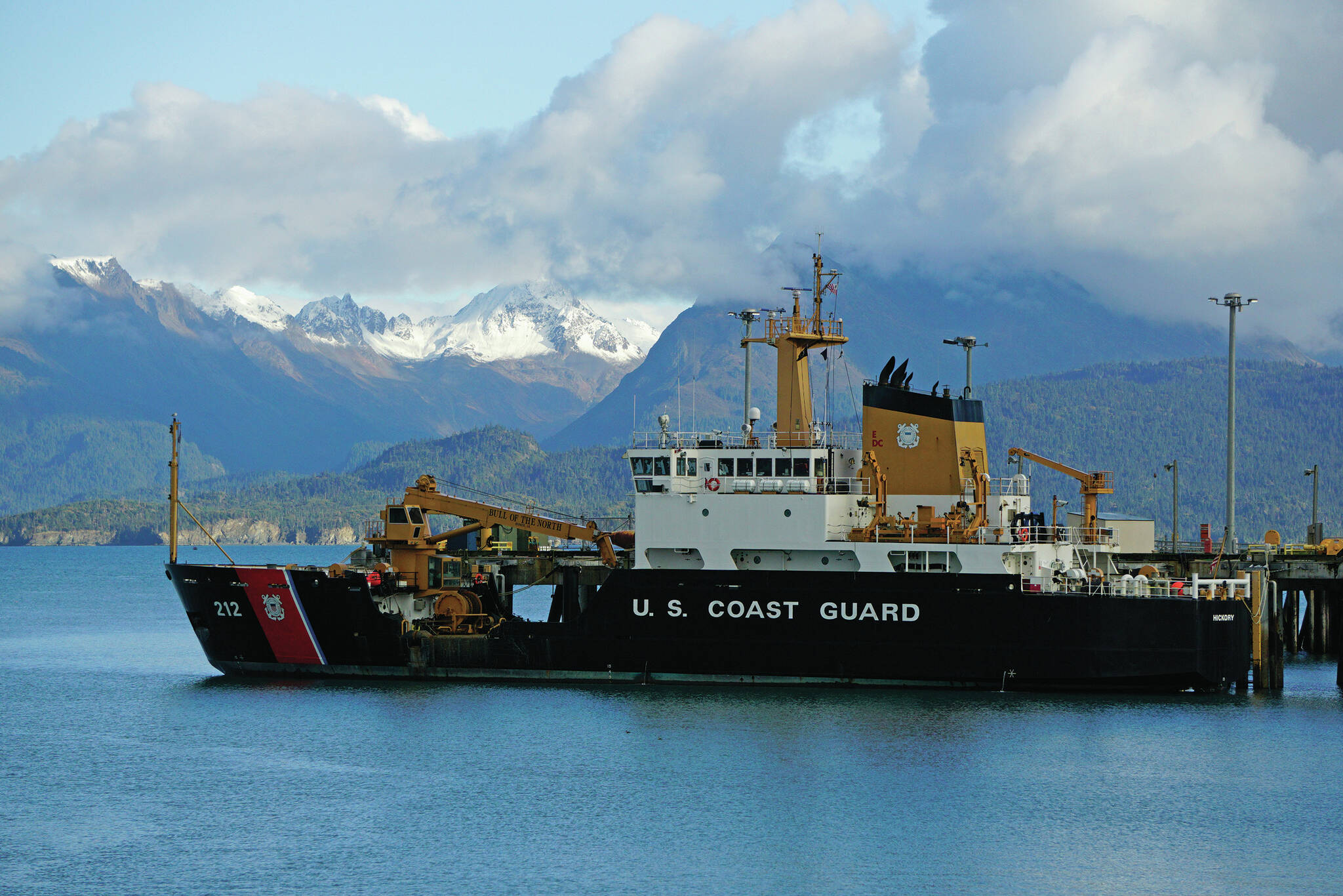 Photo by Michael Armstrong/Homer News

The U.S. Coast Guard Cutter Hickory is moored on Oct. 10 at the Pioneer Dock in Homer. Fresh snow or termination dust covers the peaks of the Kenai Mountains across Kachemak Bay, a sign of the coming winter. (Photo by Michael Armstrong/Homer News)