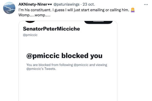 Bethany Wortham, under the Twitter handle @petuniawings, posts that Sen. Peter Micciche, R-Soldotna, blocked her account on Oct. 23, 2021. Wortham sued Micciche for blocking her account but has now decided to drop the lawsuit. (Screenshot)