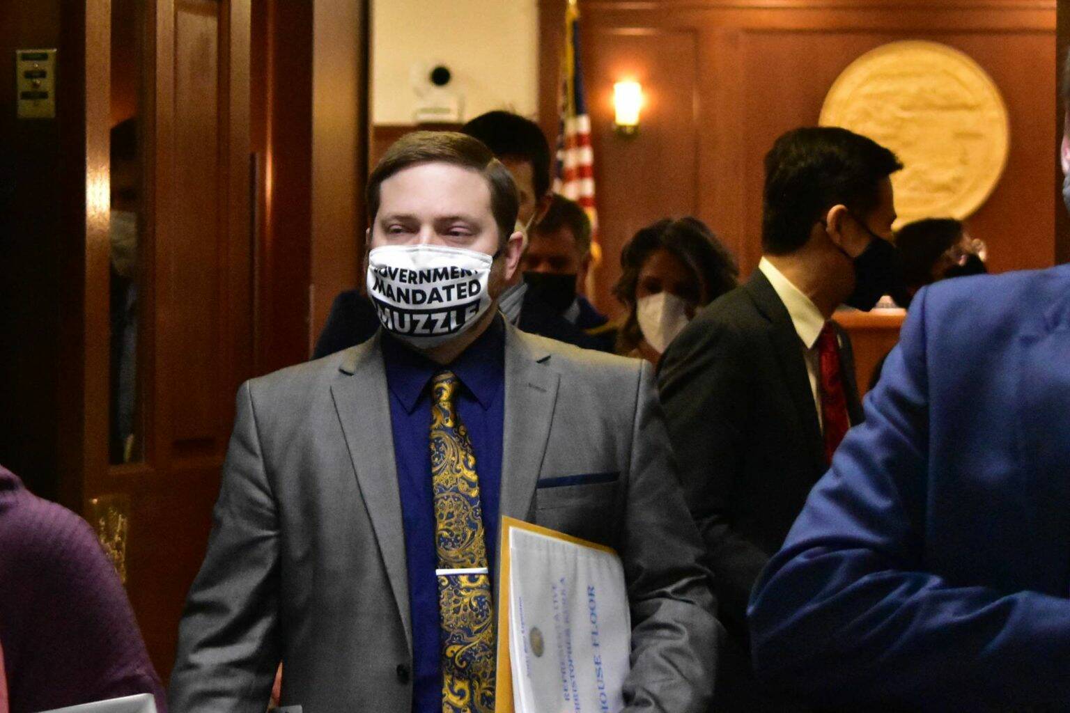 Rep. Chris Kurka, R-Wasilla, leaves the chambers of the Alaska House of Representatives on Friday, March 19, 2021, after an hour of delays concerning the wording on his mask. On Monday, Kurka announced he was running for governor in 2022. (Peter Segall / Juneau Empire)