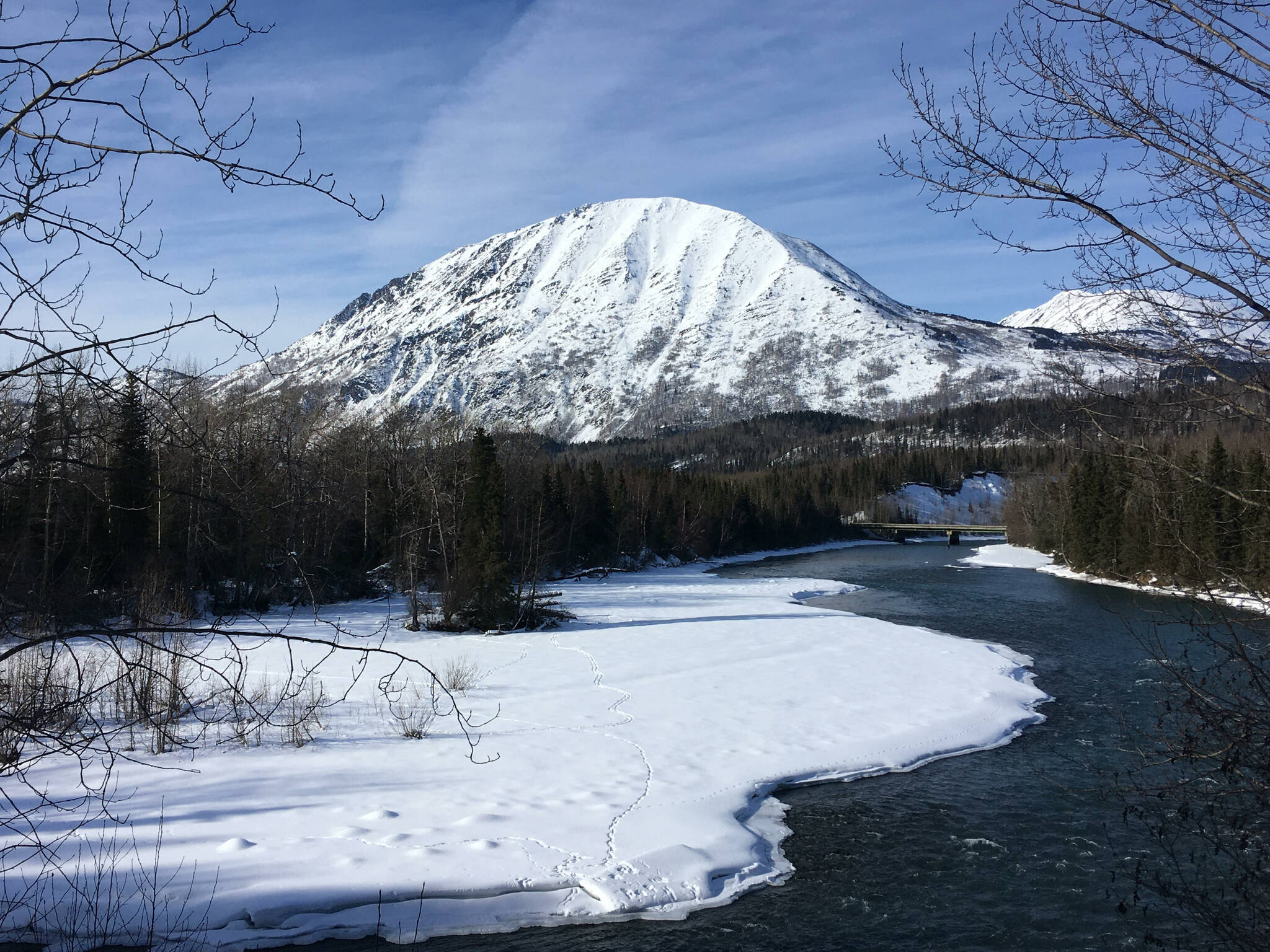 The Sterling Highway crosses the Kenai River near the Russian River Campground on March 15, 2020 near Cooper Landing, Alaska. (Jeff Helminiak/Peninsula Clarion)