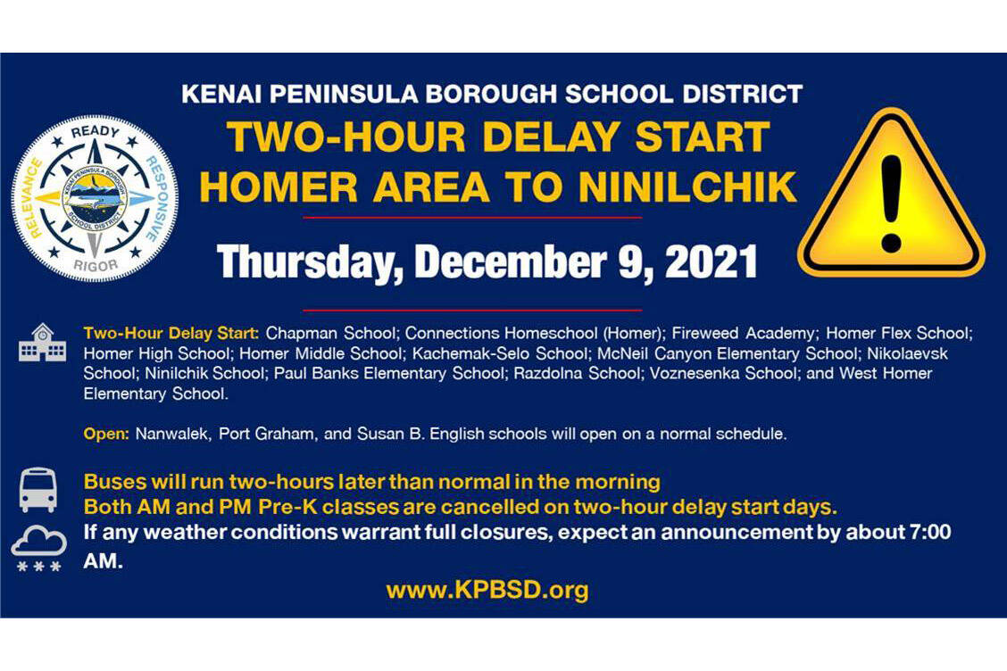 Schools are delayed two hours Thursday, Dec. 9.