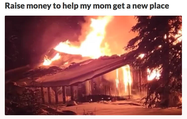 The GoFundMe created to help Mathany Satterwhite after her house burned down features a photo of the log cabin on fire. (Screenshot)