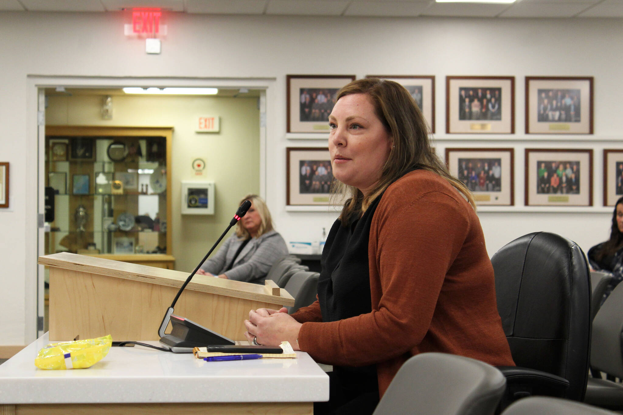 Soldotna City Manager Stephanie Queen testifies in support of legislation overhauling the borough's planning commission appointment process during a meeting of the Kenai Peninsula Borough Assembly on Tuesday, Dec. 7, 2021 in Soldotna, Alaska. (Ashlyn O'Hara/Peninsula Clarion)