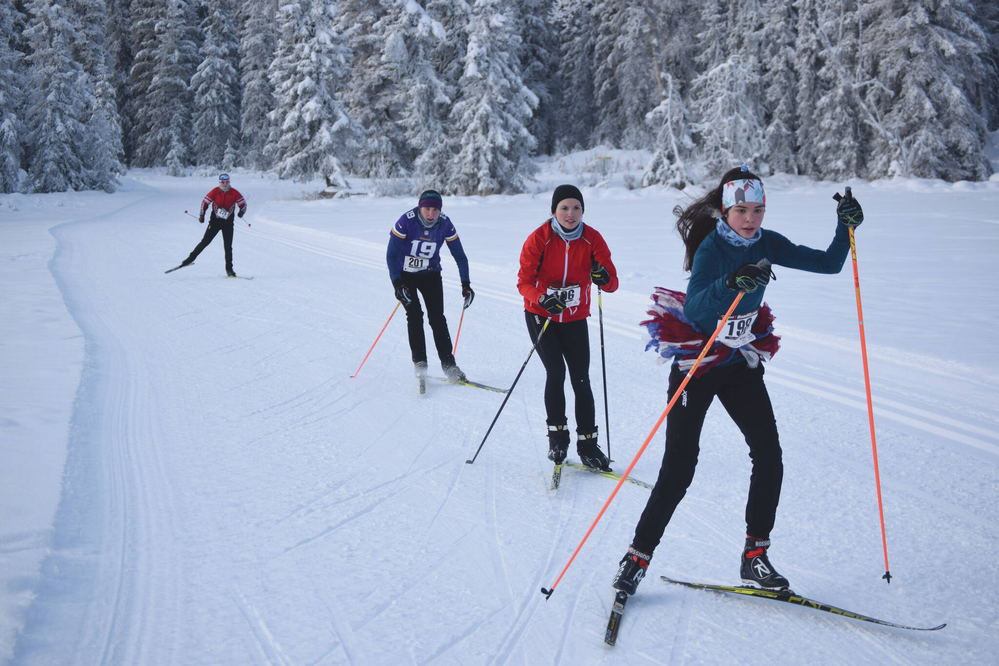 Erika Arthur leads Libby Jensen and Krista Arthur in the 17th Ski for Women on Sunday, Feb. 7, 2021, at Tsalteshi Trails just outside of Soldotna, Alaska. (Photo by Jeff Helminiak/Peninsula Clarion)
Photo by Jeff Helminiak/Peninsula Clarion
Erika Arthur leads Libby Jensen and Krista Arthur in the 17th Ski for Women on Sunday, Feb. 7 at Tsalteshi Trails just outside of Soldotna.