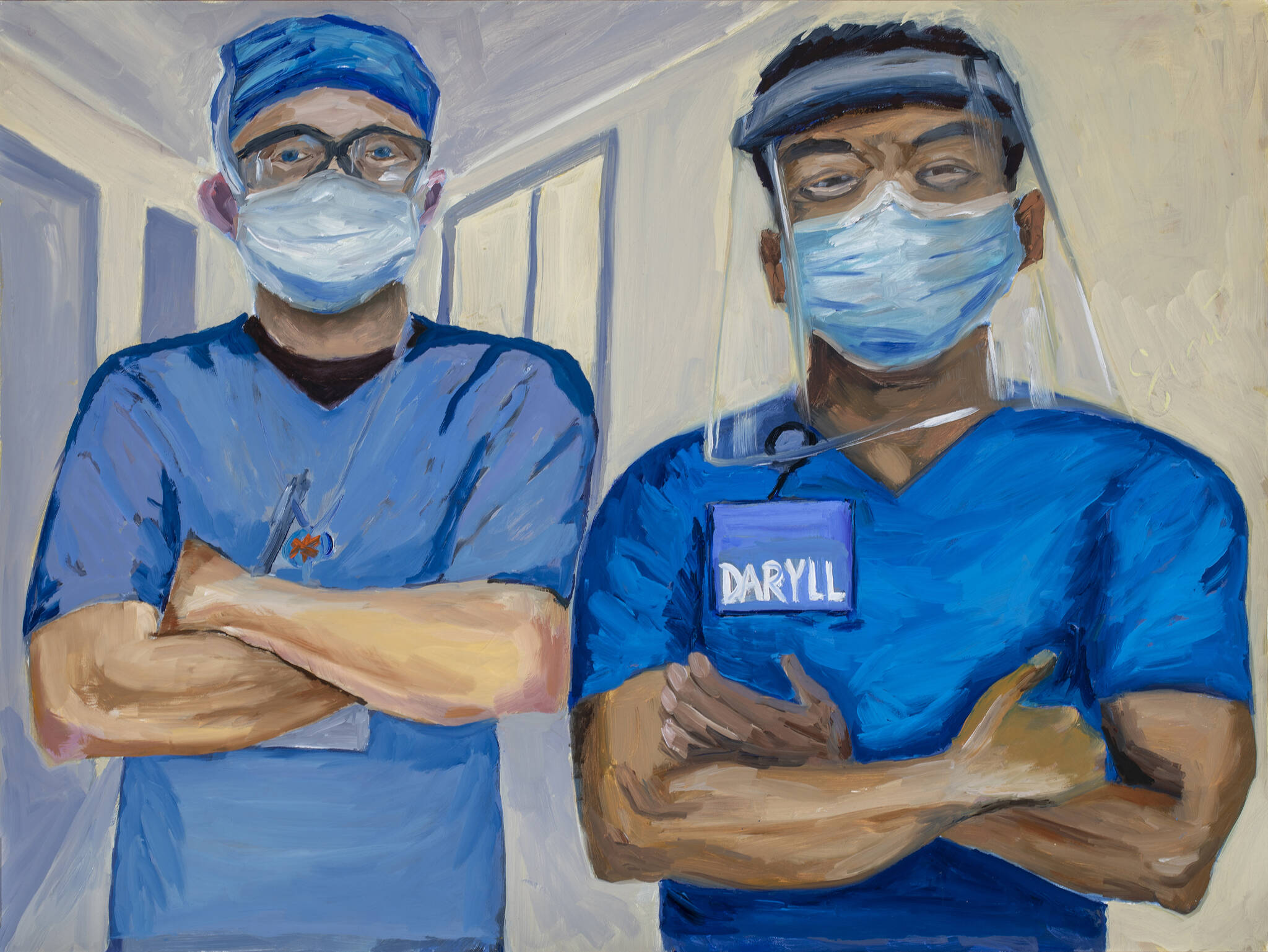 Dr. Sami Ali’s painting of two healthcare workers is part of her show, “The Mind of A Healthcare Worker During the COVID-19 Pandemic,” opening Friday, Jan. 7, 2022, at the Homer Council on the Arts. (Photo by Amber Johnson)