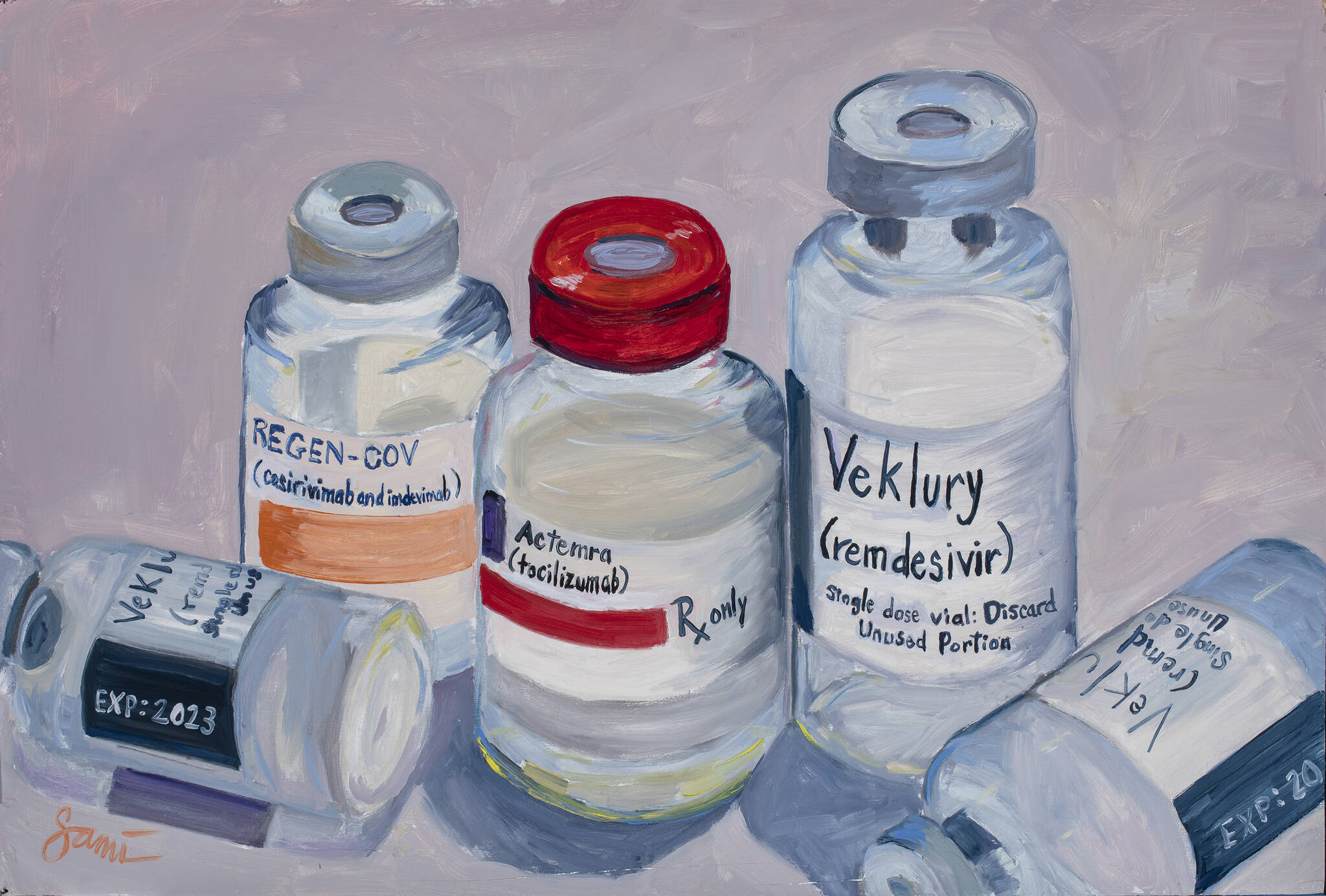 Dr. Sami Ali’s painting of COVID-19 treatments is part of her show, “The Mind of A Healthcare Worker During the COVID-19 Pandemic,” opening Friday, Jan. 7, 2022, at the Homer Council on the Arts. (Photo by Amber Johnson)