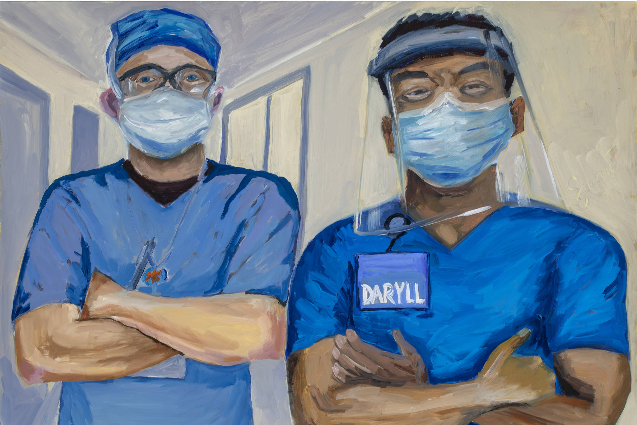 Dr. Sami Ali's painting of two healthcare workers is part of her show, "The Mind of A Healthcare Worker During the COVID-19 Pandemic," opening Friday, Jan. 7, 2022, at the Homer Council on the Arts. (Photo by Amber Johnson)