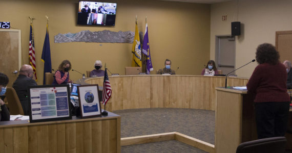 The Homer City Council asks Jan Keiser, Public Works Department director, questions about the Homer Green Infrastructure Management System during the Jan. 10, 2022, worksession. (Photo by Sarah Knapp/Homer News)