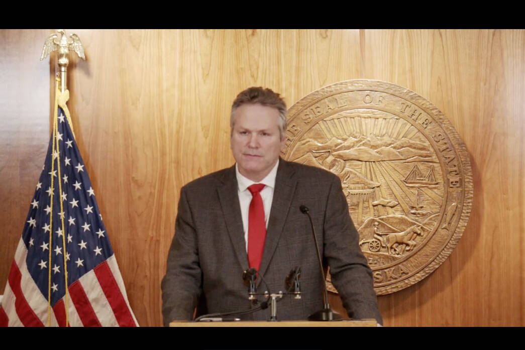 Alaska Gov. Mike Dunleavy addresses members of the press on Monday, Jan. 17, 2022, in Juneau, Alaska. (Screenshot)