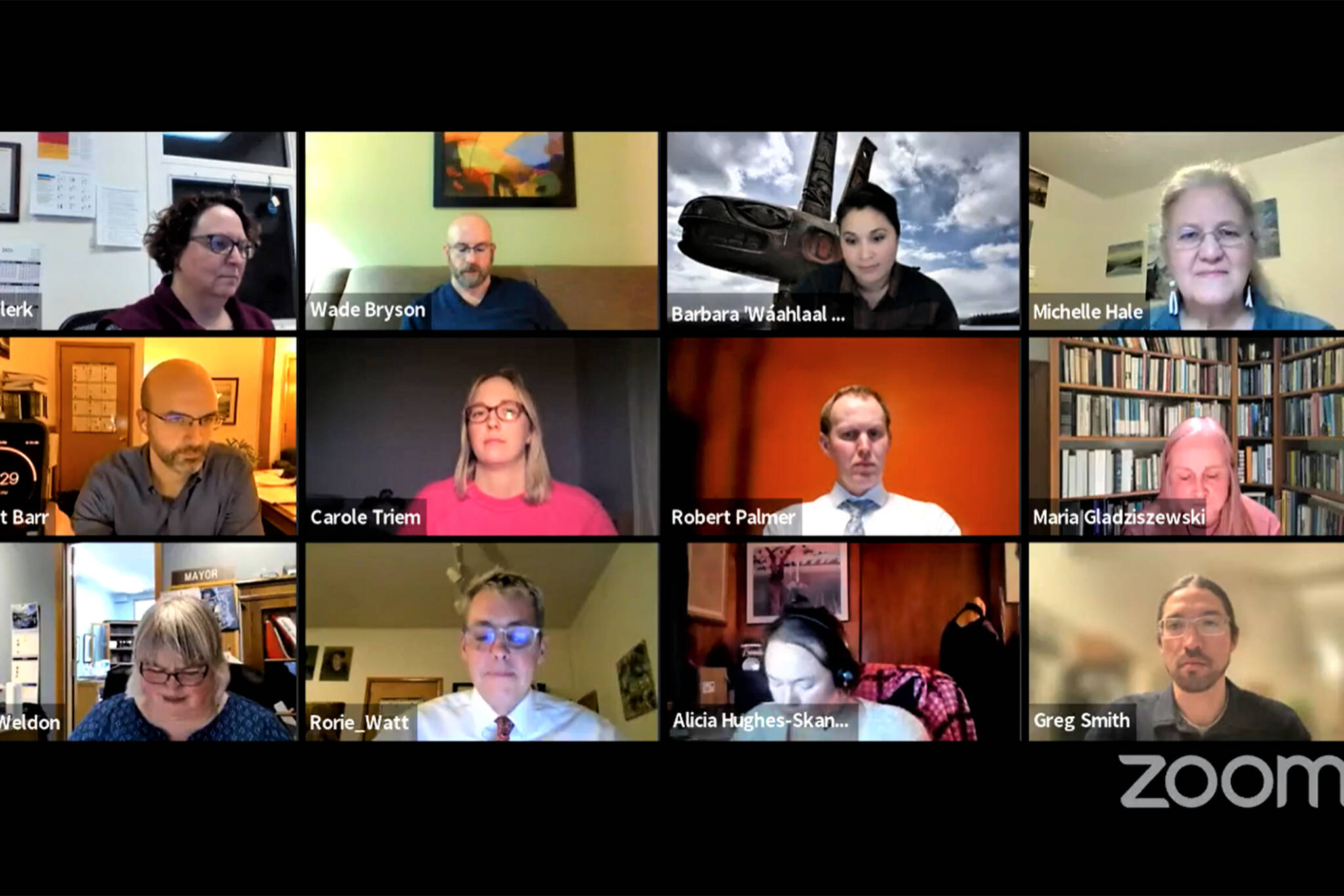 Members of the City and Borough of Juneau City Assembly during a Zoom meeting on Jan. 10, seconds before a caller disrupted the meeting in a Zoom bombing episode. (Screenshot)