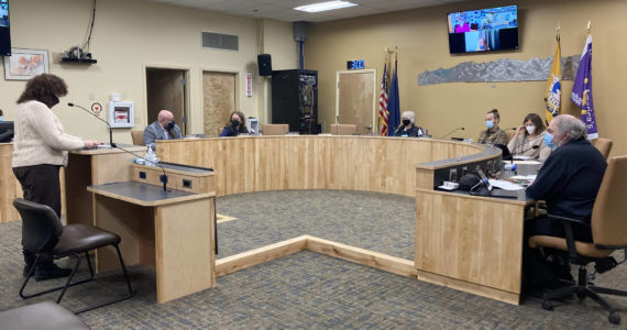 The Homer City Council asks Jan Keiser, Public Works Department director, questions about the new equipment needed for the city, including a grader and sand truck, during the Jan. 24 regular meeting. (Photo by Sarah Knapp/Homer News)