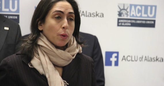Former Alaska Assistant Attorney General Elizabeth Bakalar speaks a news conference on Jan. 10, 2019, in Anchorage, Alaska, after she sued the state. A federal judge on Thursday, Jan. 20, 2022, ruled that Bakalar was wrongfully terminated by the then-new administration of Alaska Gov. Mike Dunleavy for violating her freedom of speech rights. (AP File Photo/Mark Thiessen, File)