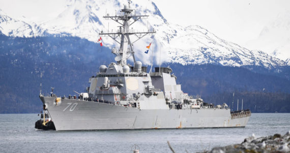 U.S. Navy / Petty Officer 3rd Class Joseph Montemarano
The USS Hopper (DDG 70) prepares to moor in Homer, Alaska, for a scheduled port visit in conjunction with its participation in Northern Edge 2017 in Homer, Alaska, April 29, 2017. The Navy is proposing to considerably expand its exercise area in the Gulf of Alaska.