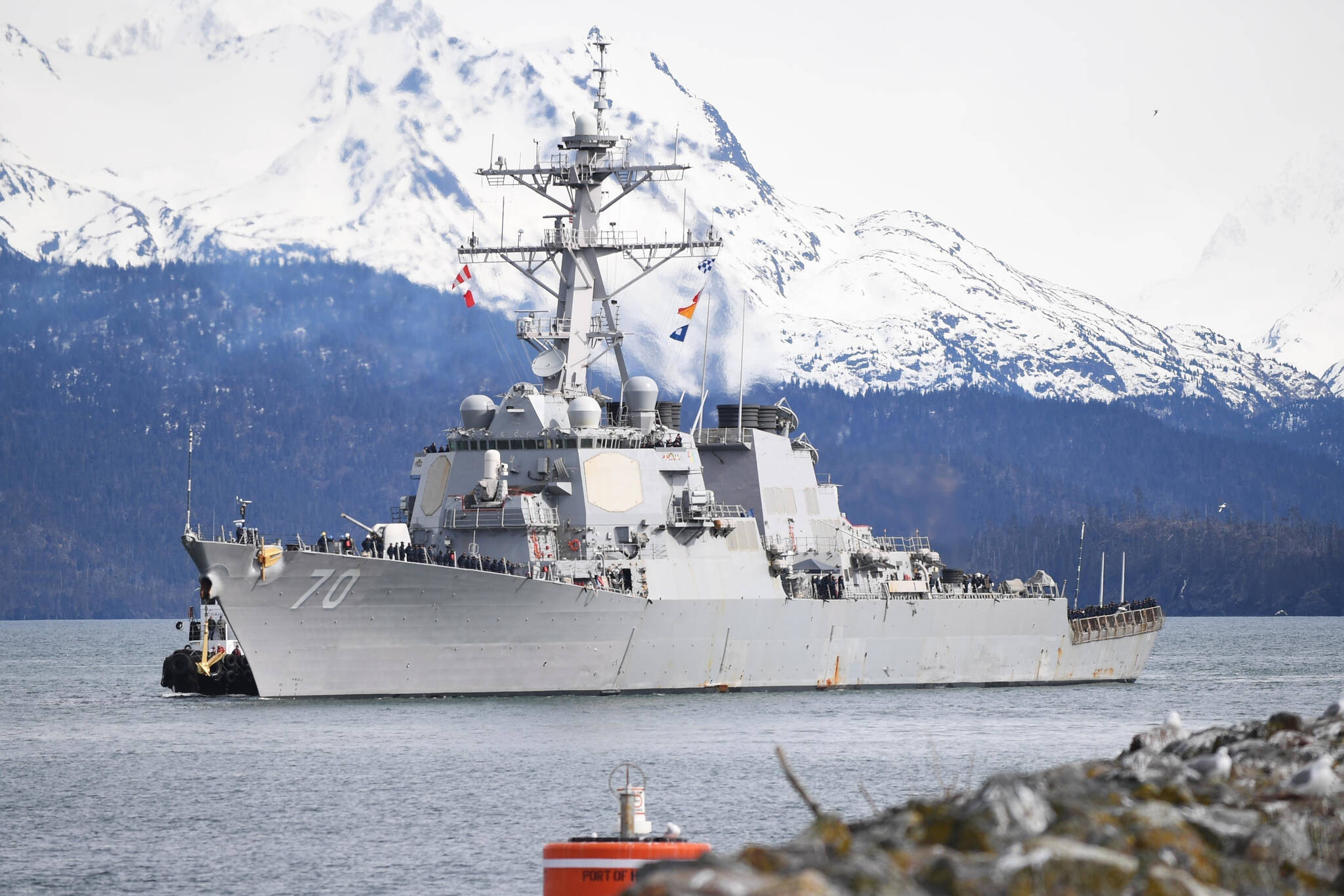 The USS Hopper (DDG 70) prepares to moor in Homer, Alaska, for a scheduled port visit in conjunction with its participation in Northern Edge 2017 in Homer, Alaska, April 29, 2017. The Navy is proposing to considerably expand its exercise area in the Gulf of Alaska. (U.S. Navy / Petty Officer 3rd Class Joseph Montemarano)