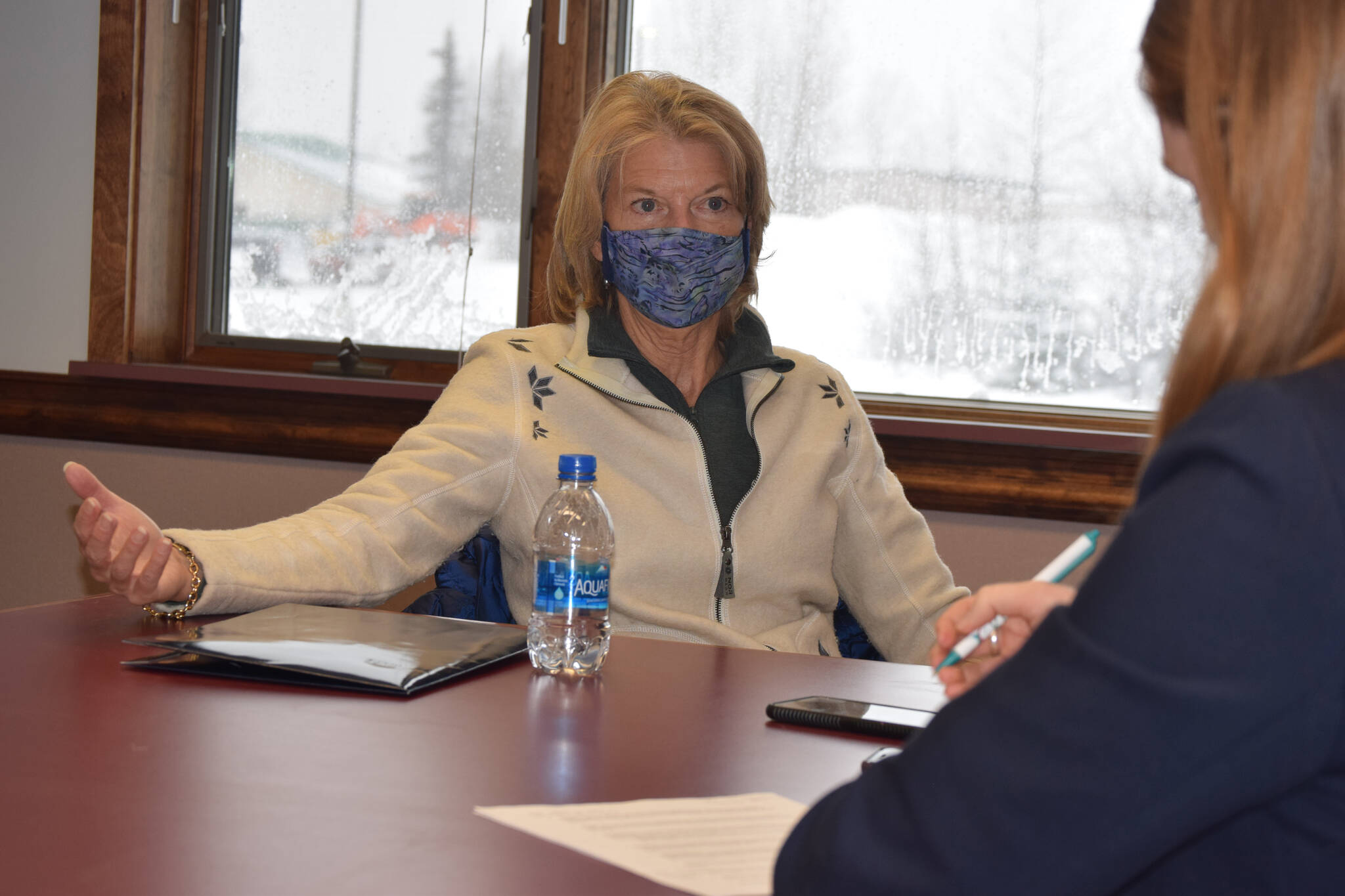 Sen. Lisa Murkowski speaks at the Peninsula Clarion office on Thursday, Jan. 27, 2022, in Kenai, Alaska. (Erin Thompson/Peninsula Clarion)