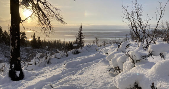 The Hidden, Engineer and Skilak lakes in Skilak Wildlife Recreation Area can be seen from Hideout Hill in the Kenai National Wildlife Refuge on Nov. 17, 2021. The refuge is celebrating its 80th winter. (Photo by Jeff Helminiak/Peninsula Clarion)