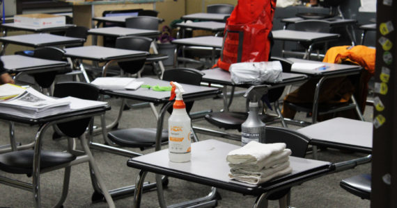 Sanitization equipment is seen inside of a classroom at Kenai Middle School on Friday, Jan. 8, 2021, in Kenai, Alaska. (Ashlyn O’Hara/Peninsula Clarion)