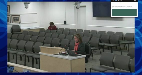 KPBSD Assistant Superintendent Kari Dendurent presents an update on the district’s strategic plan during a board of education work session on Monday, Feb. 7, 2022 in Soldotna, Alaska. (Screenshot)