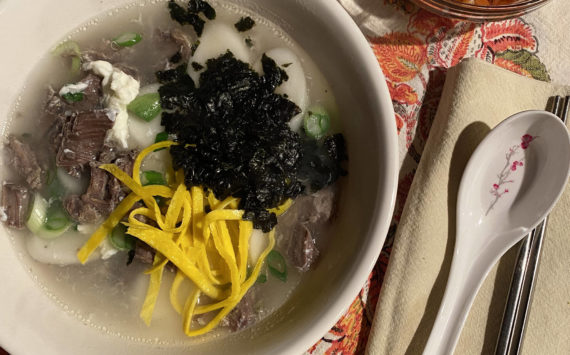 A traditional dish of the Lunar New Year, rice cake soup features beef, rice cakes, green onions, toased sushi nori and eggs. (Photo by Tressa Dale/Peninsula Clarion)