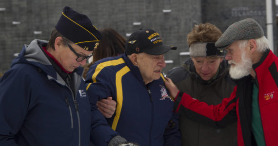 Toras Fisk is thanked for his service after the 2021 Veterans Day ceremony at the Alaska Islands and Ocean Center on Nov. 11. (Photo by Sarah Knapp/Homer News)